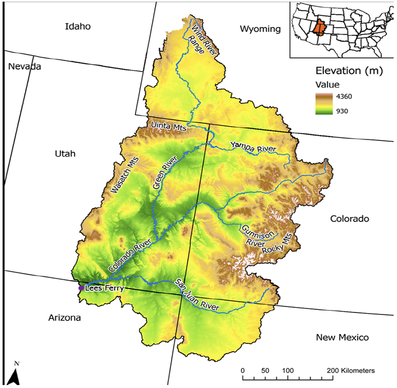 Figure 11. The above relief map of the Upper Colorado River Basin clearly shows why Colorado’s mountains and high valleys provide about 70% of the river’s annual flow. Map courtesy of Colorado River District and Miller et al (2021)