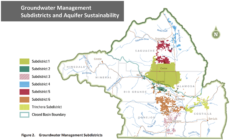 Figure 18. Map of Rio Grande Groundwater Management Subdistricts. Map courtesy of the Colorado Department of Natural Resources’ Rio Grande Basin Implementation Plan.