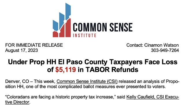 Under Prop HH El Paso County Taxpayers Face Loss of $5,119 in TABOR Refunds